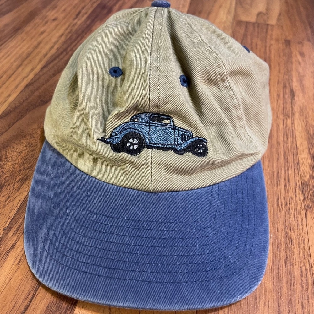 Vintage Hot Rod Car Embroidered Dad Hat Tan Blue Two Tone Adjustable Strapback